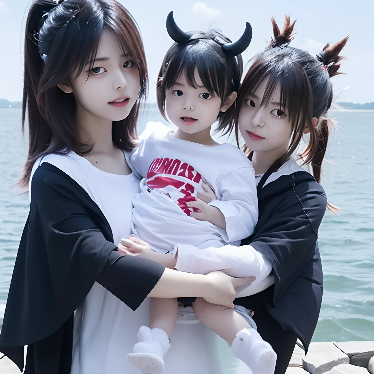 1 girl, lewd, white t shirt, demon horns, wings, black wings, standing on the lake, pregnant, holding a kid, holding a baby, midget