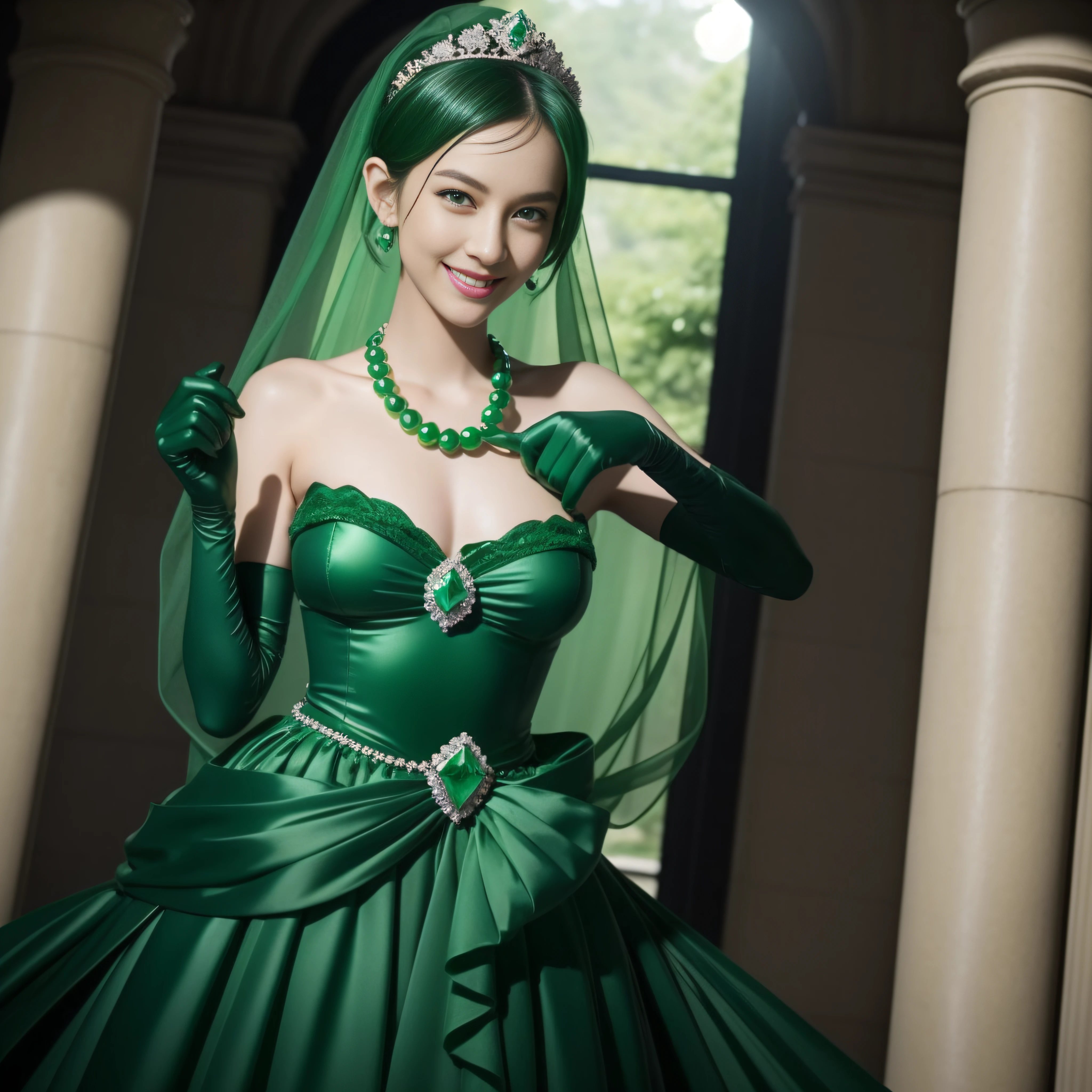 emerald tiara, Green Pearl Necklace, Boyish very short black hair, lipsticks, Japan woman smiling, very short short hair, big breasts beautiful, Green eyes, Long green gloves made of satin material, Green eyes, Emerald Earrings