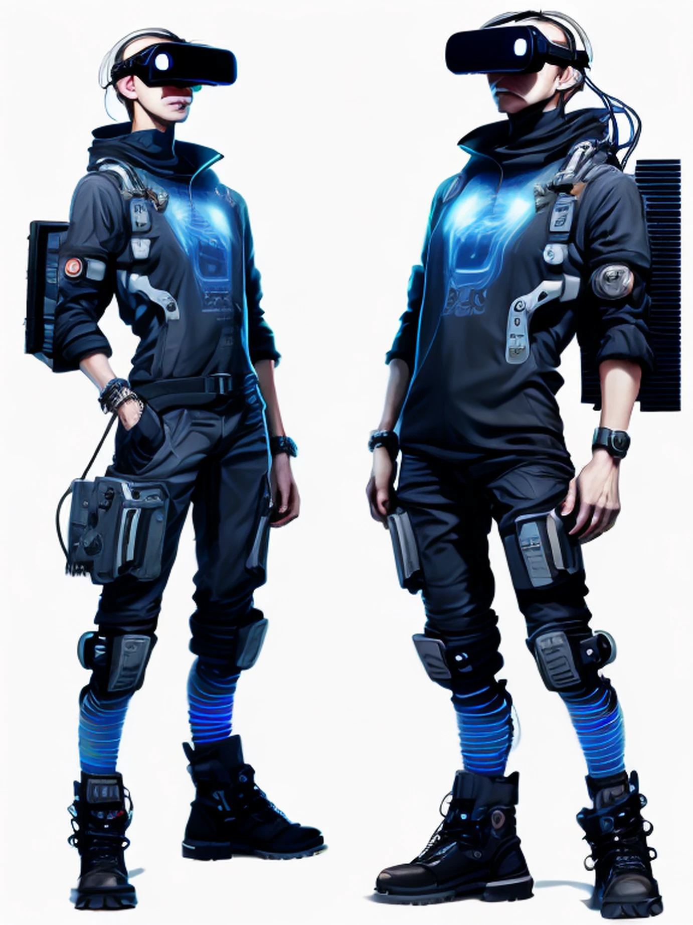 hacking;virtual reality;the ai;scybernetic;genetic engineering。Body makeover,Terrorism Visual impact。cyber punk perssonage,short- sleeved,shorter pants,Future science fiction,Male characters