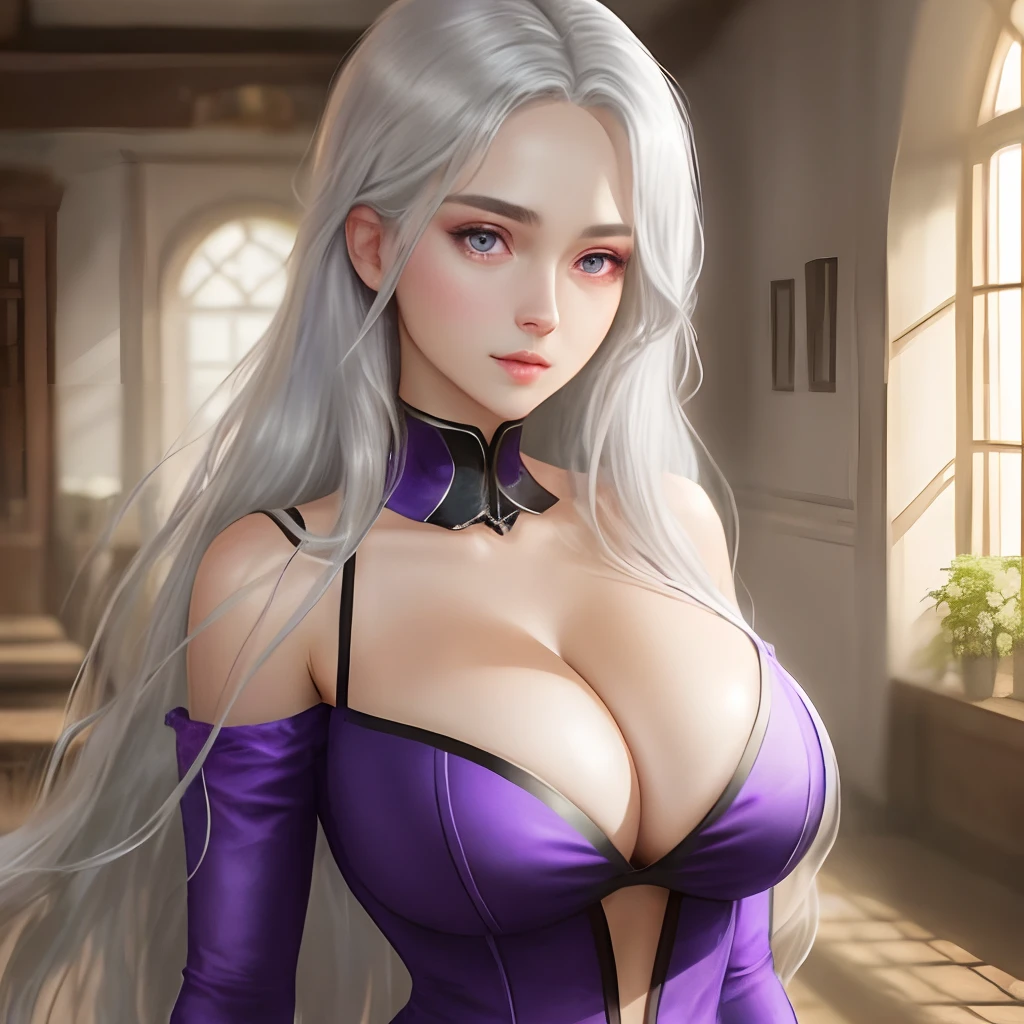 Masterpiece, Best quality, , Silver hair, Purple eyes, Long hair,big breasts exposed cleavage