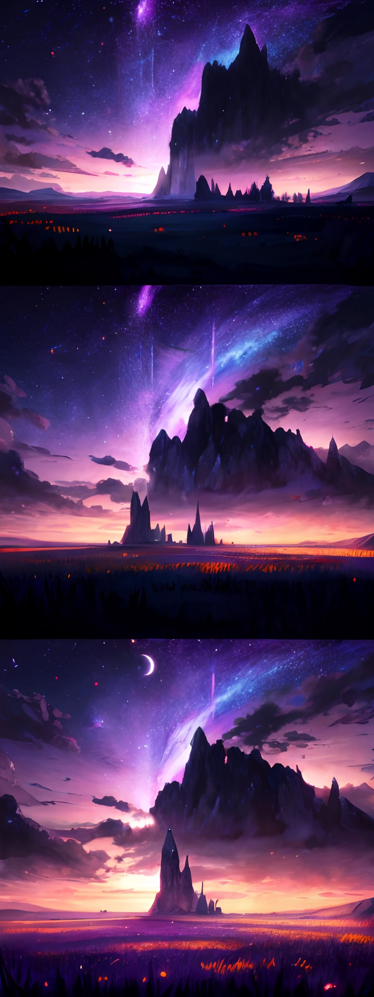 Expansive landscape photograph,(look from down,Above is the sky,Below are open fields),The wizard stands on a field of flowers,looking away up。,sky-high tower,(moon full:1.2),(meteors:0.9),(Starcloud:1.3),Far Mountain, Tree BREAK making art,(Warm light source:1.2),(glowworm:1.2),lamp lights,Lots of purple and orange,Complicated details,Volumetriclighting,Surrealist BREAK(tmasterpiece:1.2),(best qualtiy),4K,Ultra-detailed,(dynamic compositions:1.4),The is very detailed,Colorful details,(Irridescent color:1.2),(luminouslighting,Atmospheric lighting),dream magical,magical,(独奏:1.2)