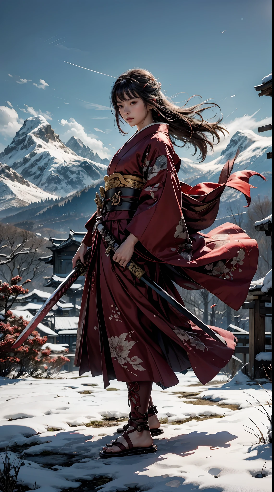 （woman swordsman、Hold the sword、Iai-no-I、Japanese Katana Sword）（Masterpiece 1.4, Best Quality 1.4）,1girl in,  Detailed skin、Detailed and Beautiful Face 1.4、Bow, Long hair, A dark-haired , Hair fluttering in the wind、White and red kimono、 Blood-stained kimono、Sandals、Official art, Good composition, Official Pose, detailed portrait,Clouds and mountains background, Samurai, High resolution, Dramatic lighting and shadows, snowscape、In the wooded forest