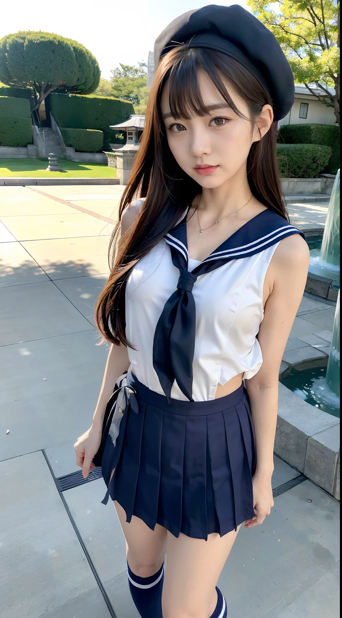 (Best quality, 8k, masterpiece: 1.3), a Pretty Girl with perfect figure:1.4, (high-school , teens), (summer school uniform, sailor uniform, navy blue, pleated skirt, mini skirt, red scarf, school knee-high socks), (black hair small breasts), (blunt bangs:1.2),  (high school, classroom), highly detailed face and skin, detailed eyes, double eyelids, smile