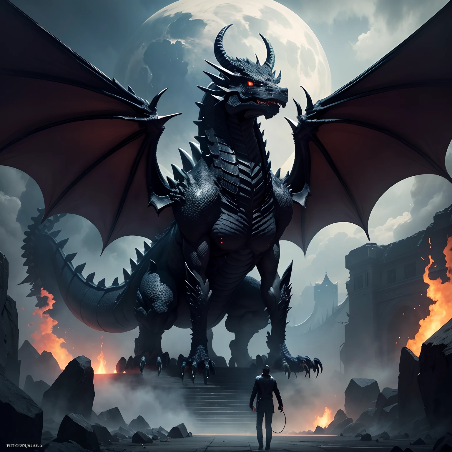 A realistic dragon ripping a man in half, a red and black dragon, the man is a night with a sword and armor, the dragon has two wings and is standing on his hind legs, it is night time, there is a full moon, finally detailed beautiful dragon head, finally detailed beautiful dragon eyes, finally detailed dragon wings