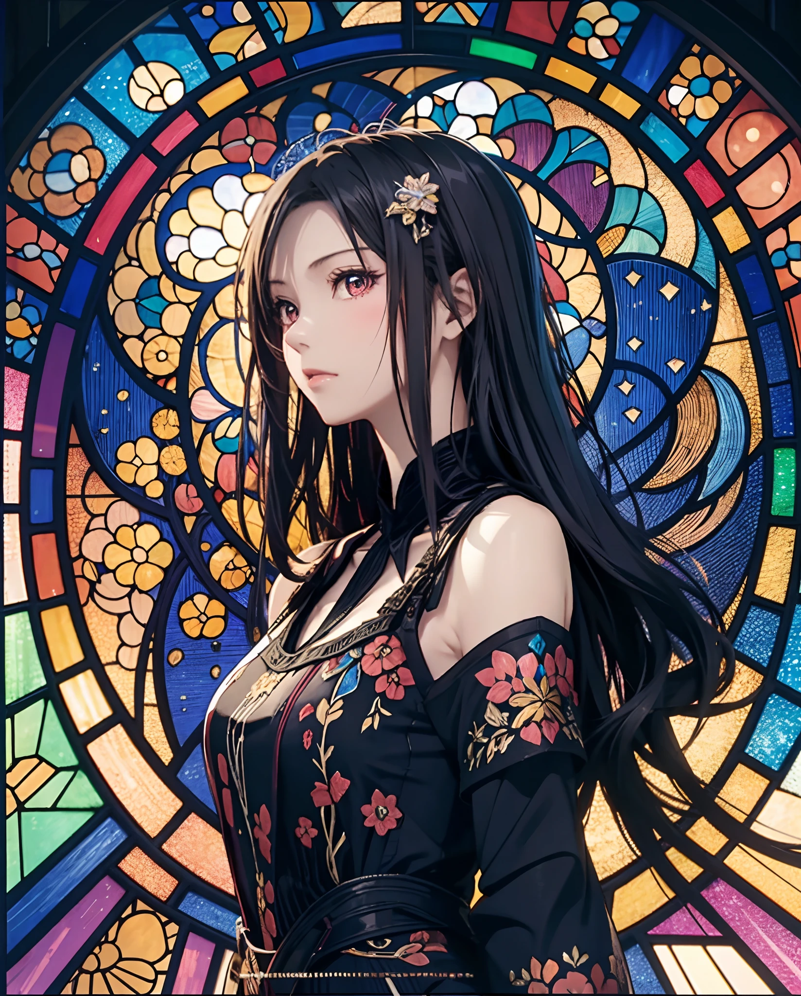(masutepiece, of the highest quality, Best Quality,Official art, Beautiful and aesthetic:1.2),(1girl in:1.3), 1 Girl BREAK Stained Glass Art, Colored Glass, Lead Line, Light transmission breaks bright colors, intricate designs, luminous effect, Spiritual atmosphere