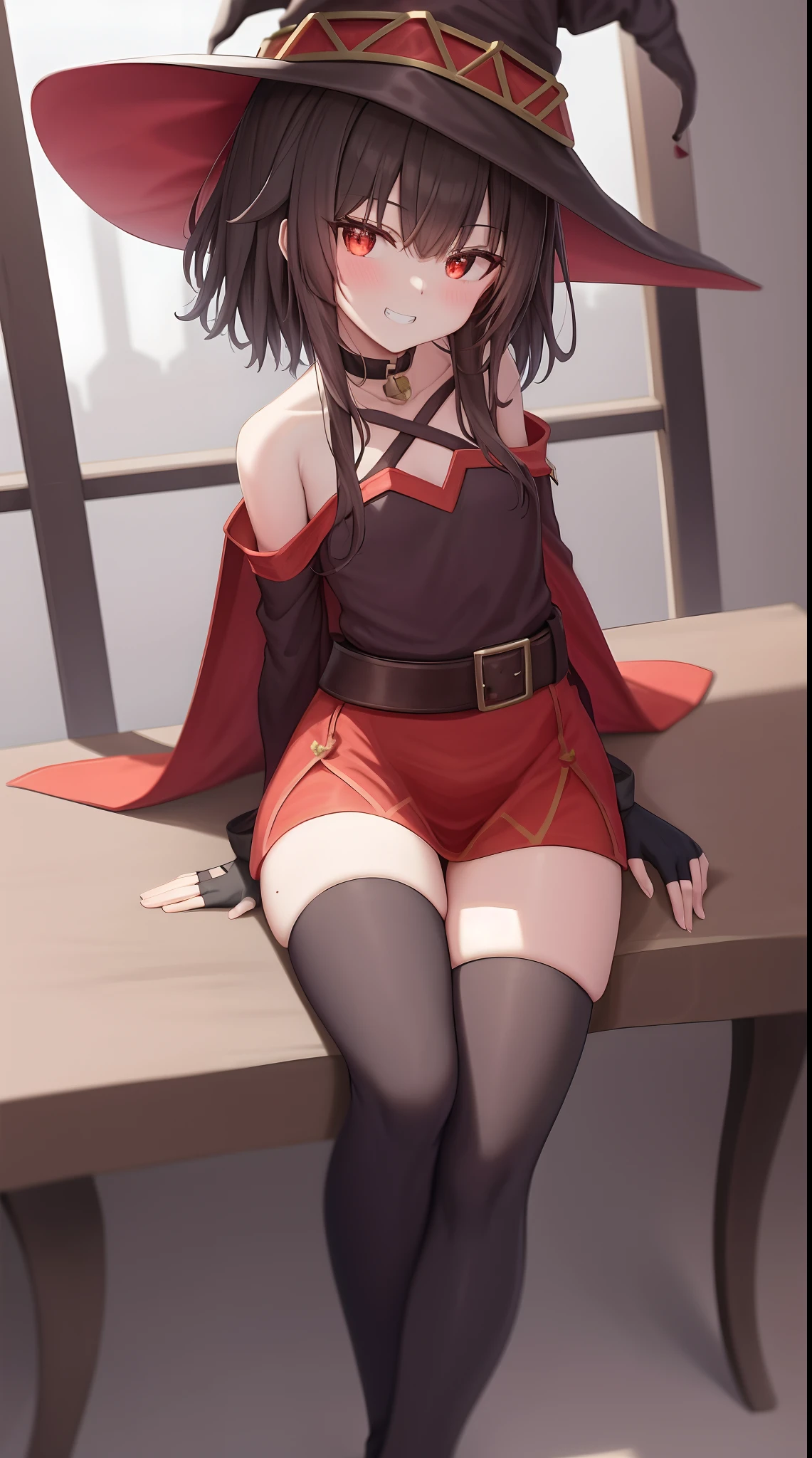 Megumi， 1girll， 独奏， Sit Pose， looking at viewert， bucket-hat， Witch hat， brown  hair， short long hair， red eyes， Be red in the face，grin， a black choker， 鎖骨， flatchest， off the shoulder dress， shift dresses， Red dress， Brown cape， longer sleeves， black glove， Fingerless gloves， obi strip， Brown belt， Golden decoration， Zetai Long Iki， dent in the skin， （Asymmetrical legs：1.4）， mismatched legwear，（bandaged leg：1.3），black thighhigns，（The arms are behind the back：1.3），ancientry，城市，castle wall