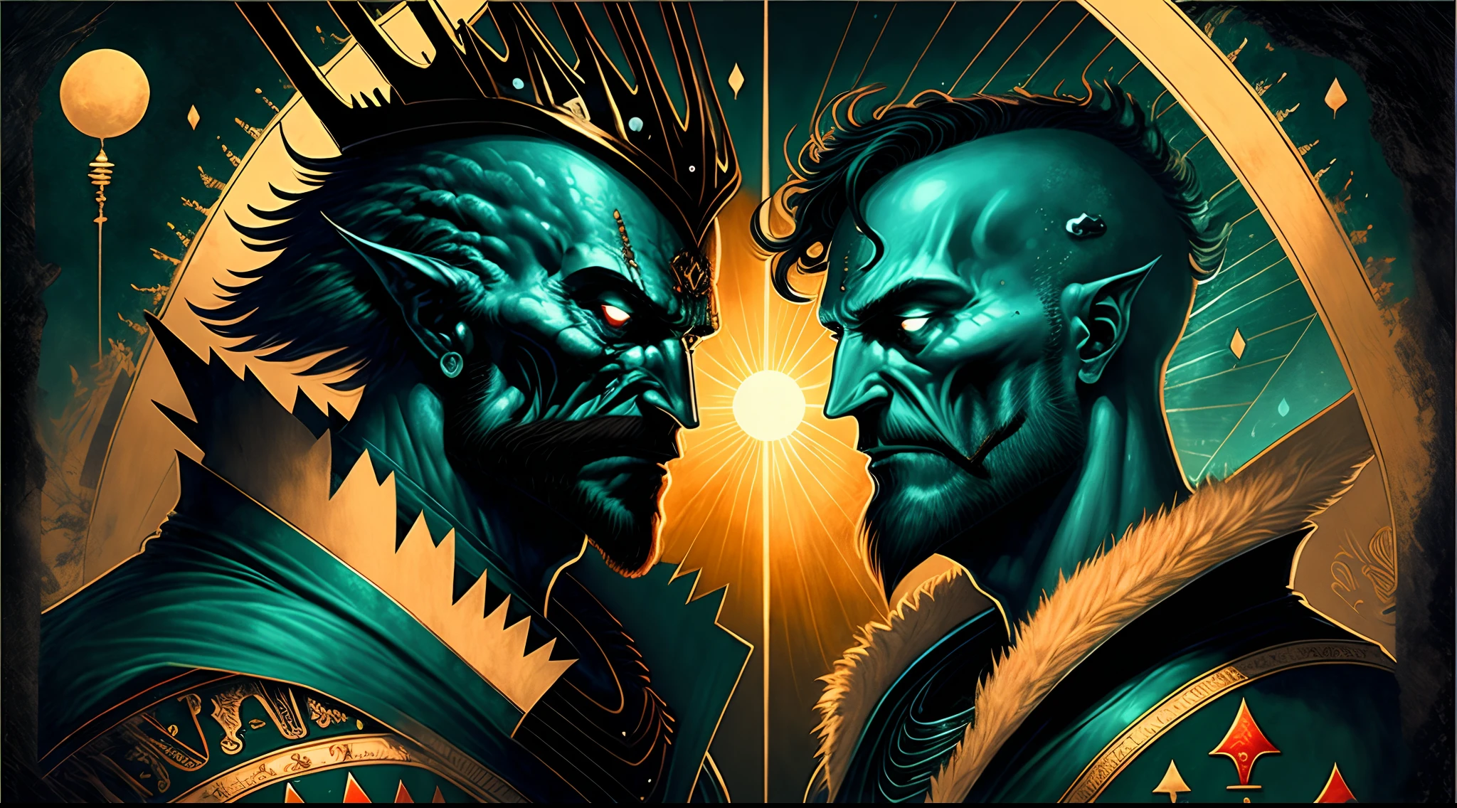 (tmasterpiece,4K,ultra - detailed,RAW photogr:1.2),illustratio, (The evil king who wears the crown:1.5),(half-body portrait:1), (simplebackground,Fluorescent teal and black background:1.4), (symetry:1.2), (art-deco:1.4), (retro-futuristic:1.4), (Maximalism:1.4), (cleanness:1.4), (flat_Color:1.4), (Sun beam:1),poker card style,style de carte de tarot, CCDDA art style