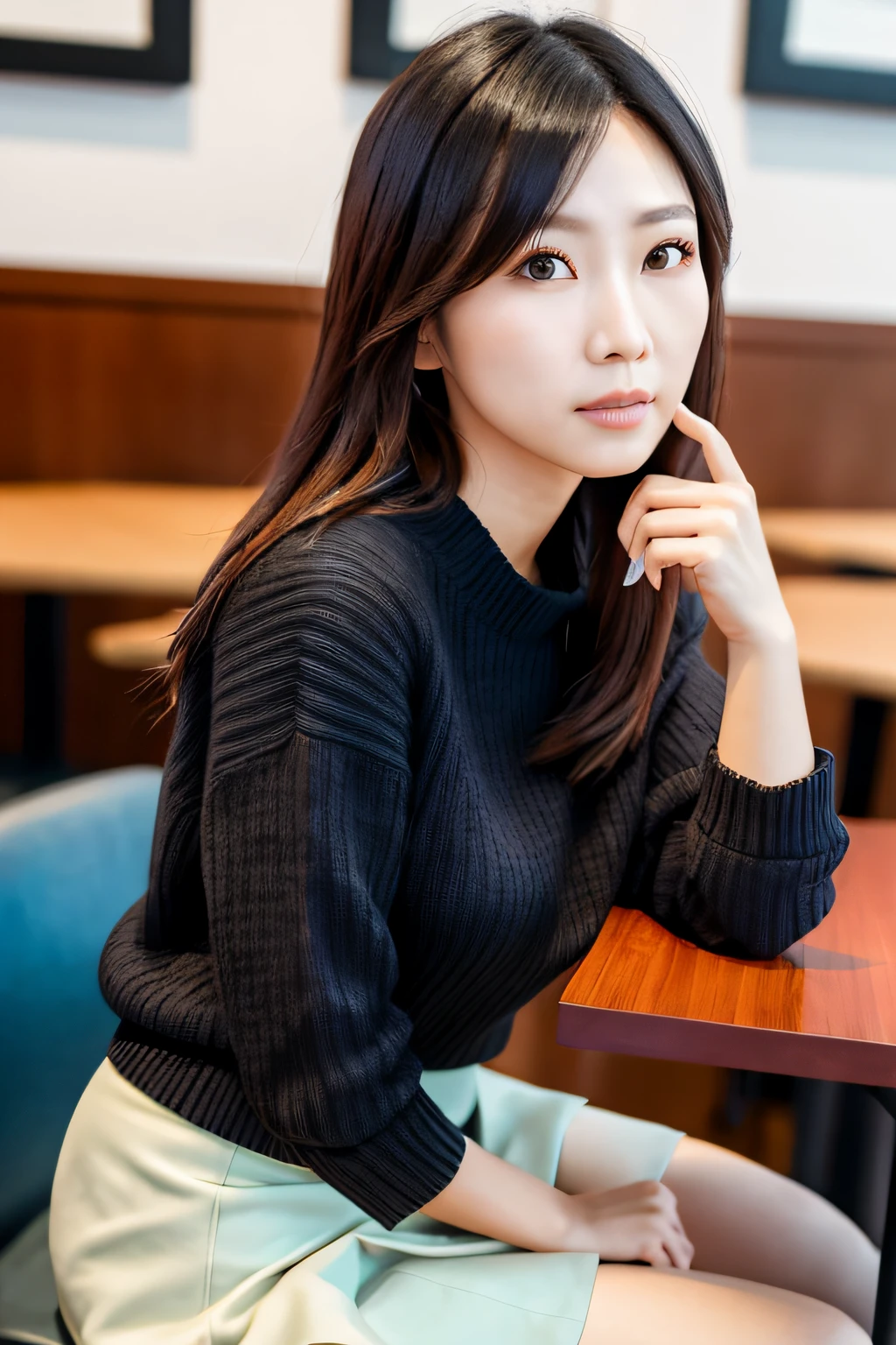 sharp face, masterpiece, best quality, high res, (wide shot:1.2), a Hong Kong woman, (light makeup), (dynamic pose:1.2), cotton sweater, (skirt:1.3), (sitting in cafe), black hair, long hair,looking at viewer, looking back,