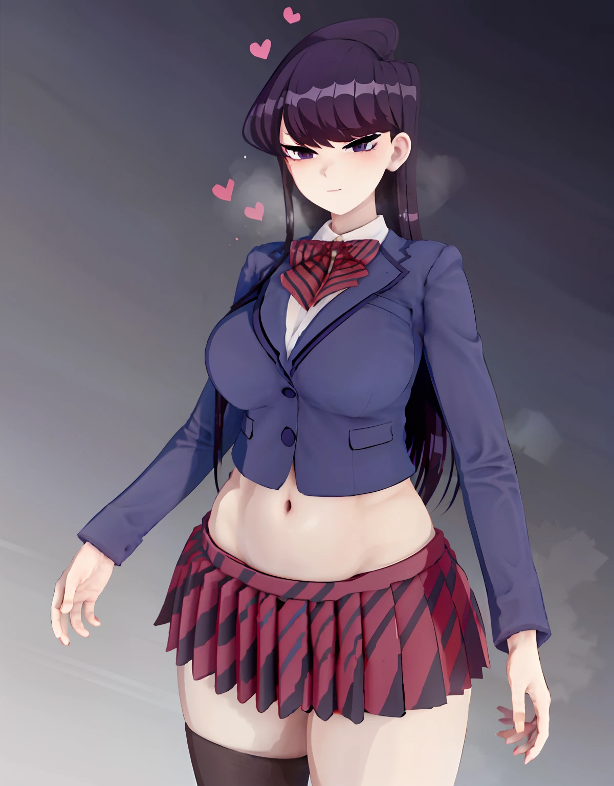 masterpiece, best quality, ultra detailed, art station, 1girl, romanticism, solo, detailed face, cute face, ((komi shouko)), 1girl, bangs, blush, (no mouth, no nose:1.4), big eyes, flustered, panic,background, highres, (komi-san wa komyushou desu), long hair, looking at viewer, medium breasts, (big eyes), purple hair, solo, swept bangs,, blush:1.2, (heart shaped pupil:1.3), seductive smile, wind swept hair, cute choker, black choker, bowtie, tight school uniform, mini school uniform, (cropped school unform), cleavage visible, showing off midriff, (showing off belly), abs, slightly muscular abs, accurate belly button, accurate lower belly, (slim waist), (wide hips), (panty strings), (thong strings), mini skirt, thick thighs, muscular thighs, thigh highs, looking at viewer, (dutch angle),facing the viewer, background in an alley in a garden, dappling sunlight, (vibrant colours:1.2), bright colours