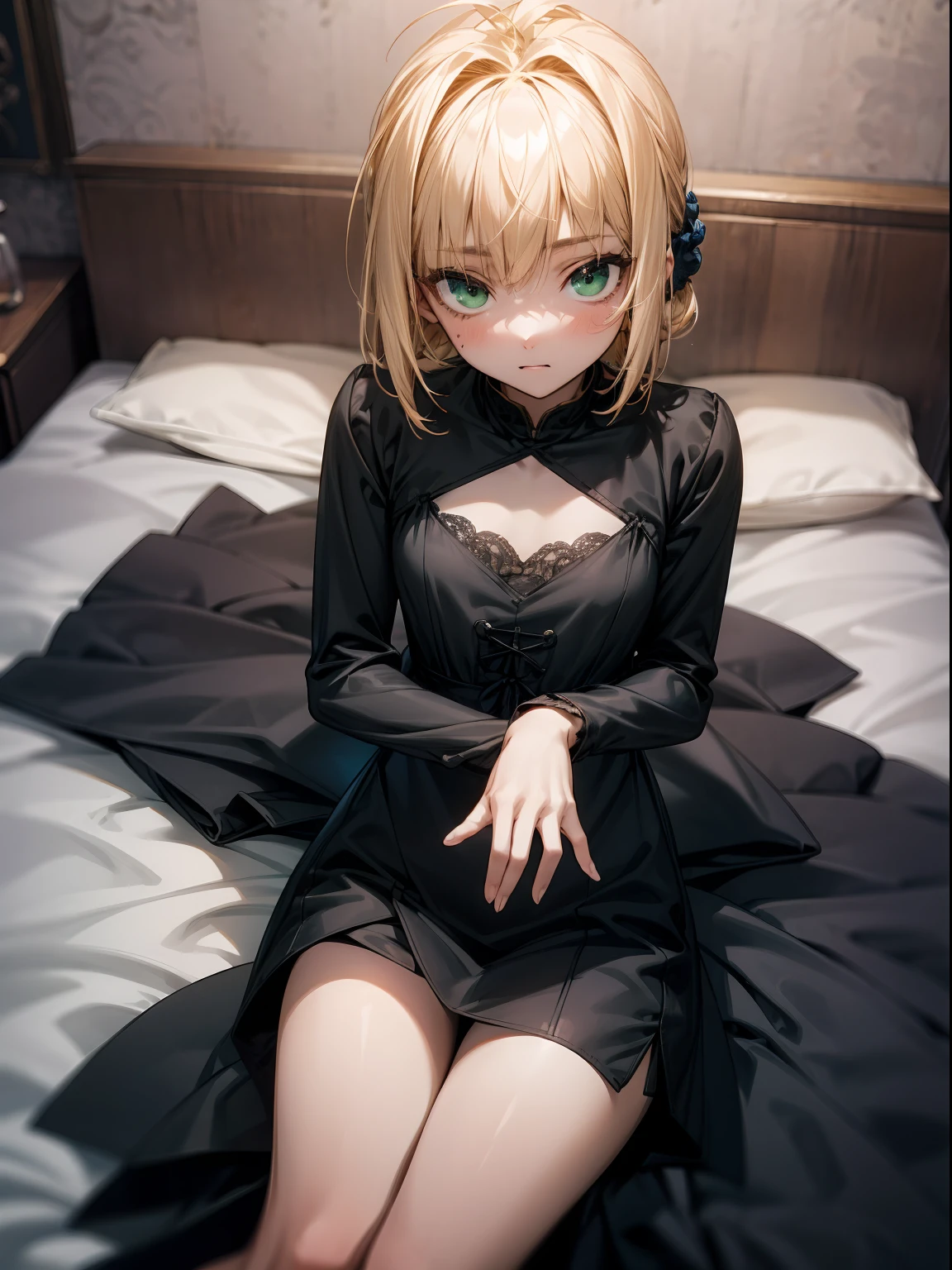 1girll，1 face，Lie down in bed，Just woke up from sleep，独奏，Poor milk，Transverse conveying，Half-length picture，largeeyes，eye closeup，（with short golden hair），（Green eyes），hair scrunchie，small thighs，best qualtiy， （ black color dress），inside in room，stocklings，Elaborate Eyes，on top of the bed，On your stomach，adolable，head looking up，Reasonable body structure，Young，Extremely detailed face, Perfect lighting, Extremely detailed CG, (Perfect hands, Perfect anatomy)