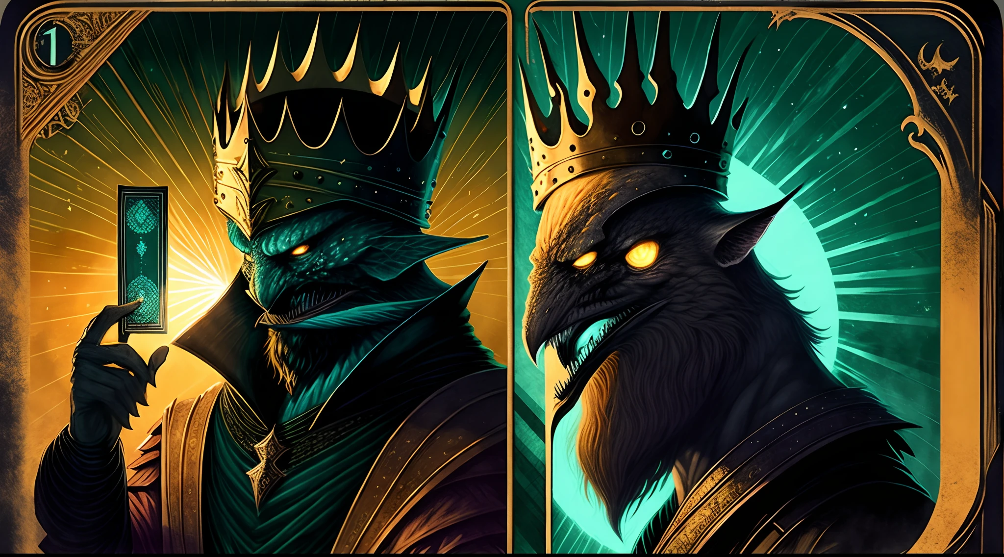 (tmasterpiece,4K,ultra - detailed,RAW photogr:1.2),illustratio, (Evil king with a crown:1.5),(half-body portrait:1), (simplebackground,Fluorescent teal and black background:1.4), (symetry:1.2), (art-deco:1.4), (retro-futuristic:1.4), (Maximalism:1.4), (cleanness:1.4), (flat_Color:1.4), (Sun beam:1),poker card style,style de carte de tarot, CCDDA art style