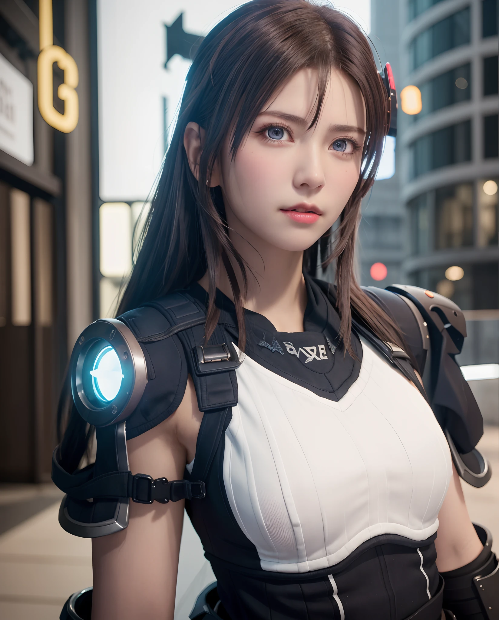 masutepiece, Best Quality, , (Solo), 1girl in, Look up, Dim light, , Horizon_(Apex Legends), goggles, Blue eyes, Brown hair, gauntlets, Shoulder Armor, Hats, (freckle:0.5), , (scienc_fiction), Outdoors, Street, neon light, Cyberpunk,