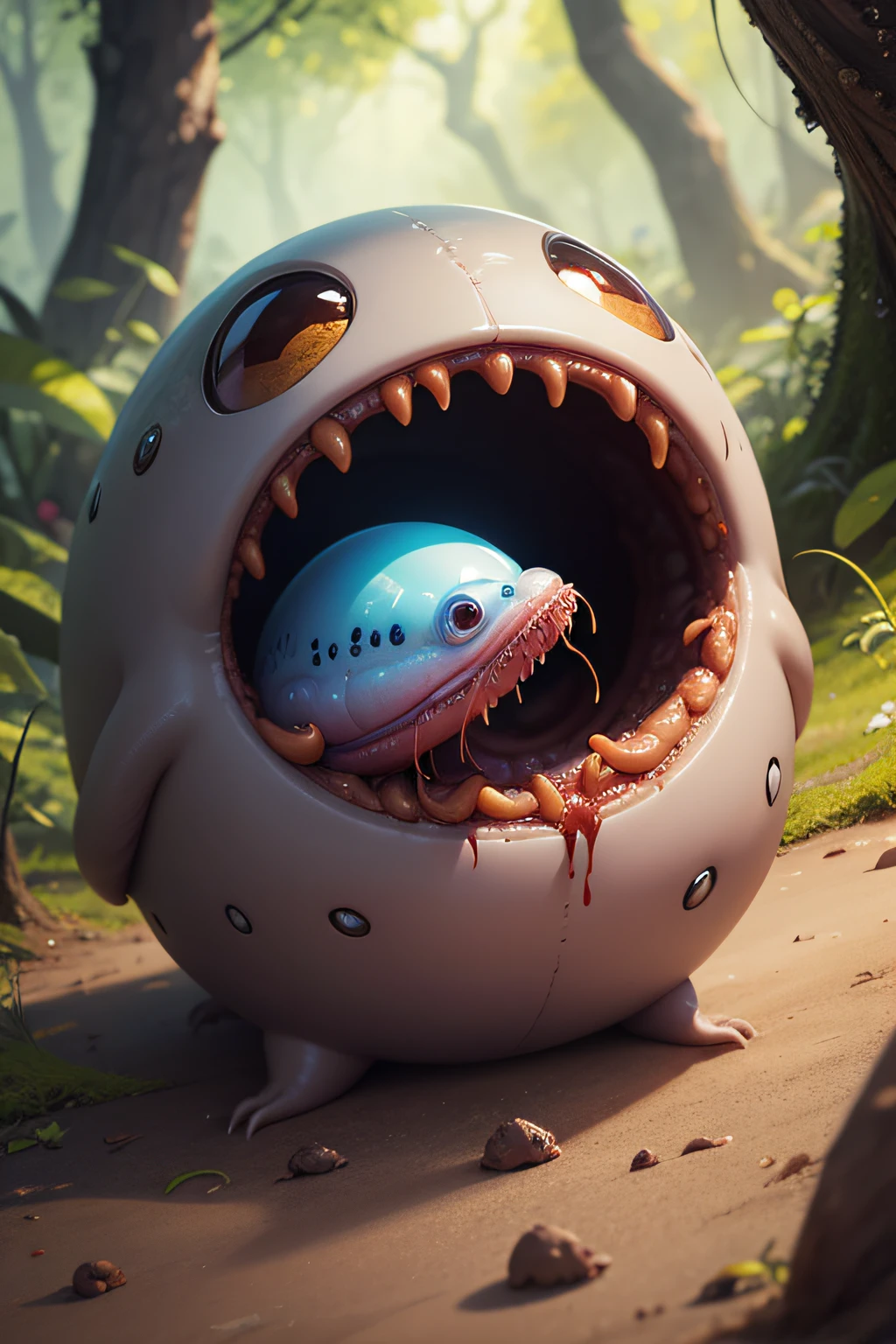 an alien blob realistic creature, eating an earthworm.