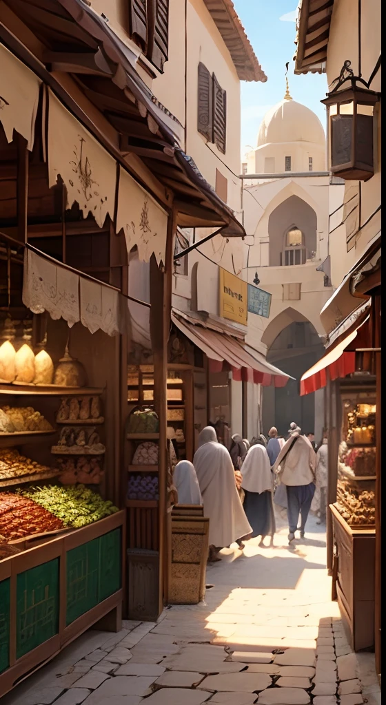 Generate an image depicting an ancient Arabian marketplace bustling with merchants and traders in traditional clothing