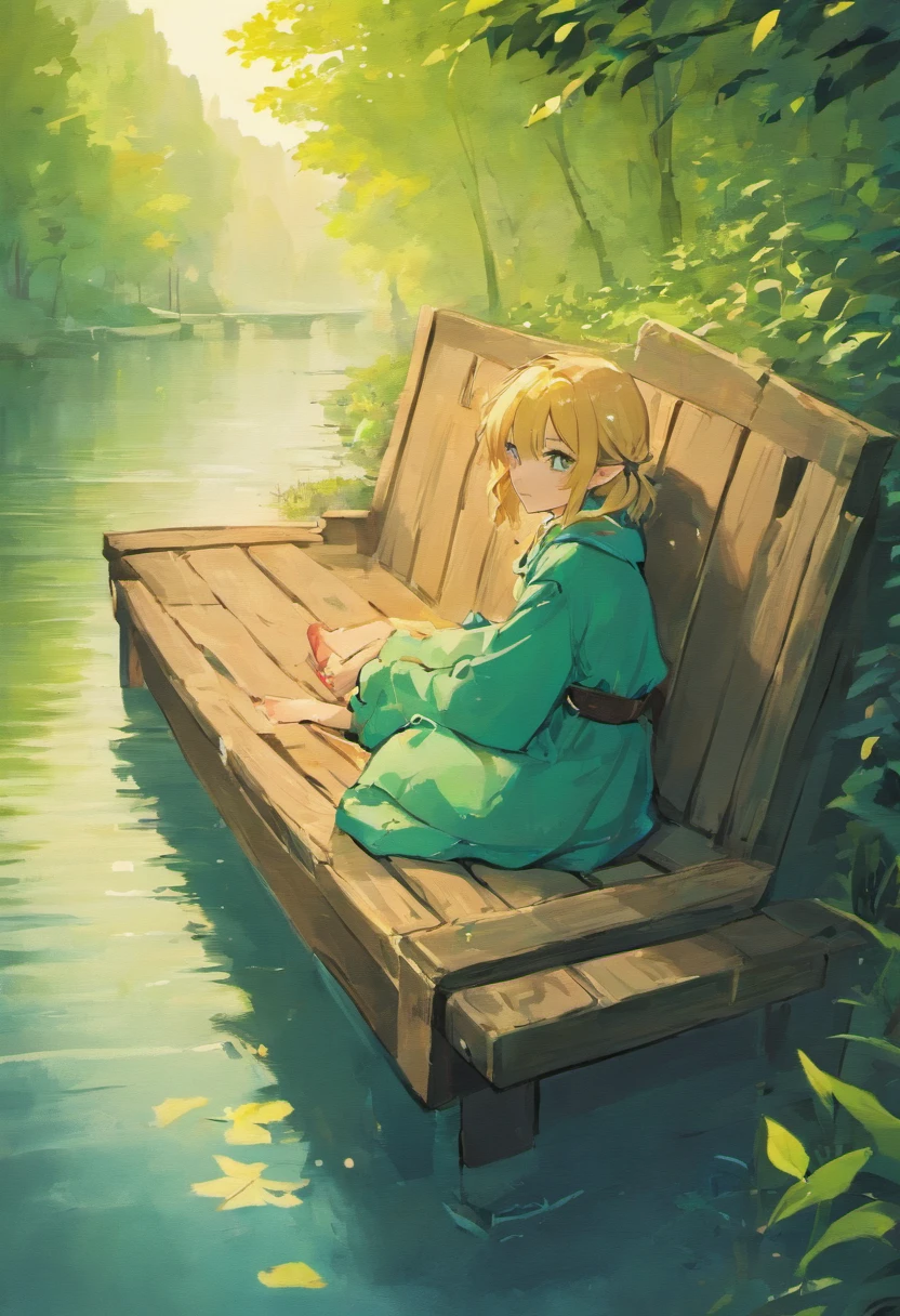 A teenage elf sleeping on wide wooden couch near a small lake on the park, in a medieval city. he has a pale skin, reddish blonde hair, short hair, brownish green eyes, rosy cheeks, freckles, green coat.