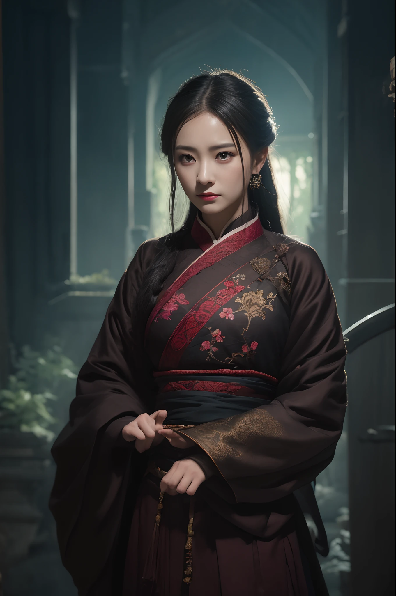 Official Art, Unity 8k wallpaper, super detailed, beautiful, beautiful, masterpiece, best quality,
dark, atmospheric, mystical, romantic, creepy, literature, art, fashion, ming and qing dynasties, decoration, intricate, ironwork, embroidery, contemplation, emotional depth, supernatural, hanfu
1 girl, solo, neck, bust composition,dynamic action,Kungfu,