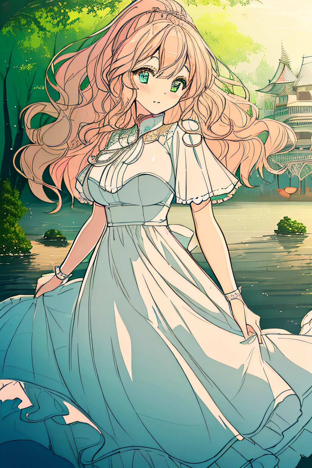 (extremely detailed CG unity 8k wallpaper),(((masterpiece))), (((best quality))), ((ultra-detailed)), (best illustration),(best shadow), ((an extremely delicate and beautiful)),dynamic angle,floating, solo,((1girl)),{long wavy curly hair},expressionless,((white idol dress)), anglesailor dress,(detailed wet clothes),silk shawl,bikini,underboob, frills,cute anime face,blush,(beautiful detailed eyes), (detailed light),feather, nature, (sunlight), river, (forest),(((floating palace))),beautiful and delicate water,(painting),(sketch),(bloom),(shine),