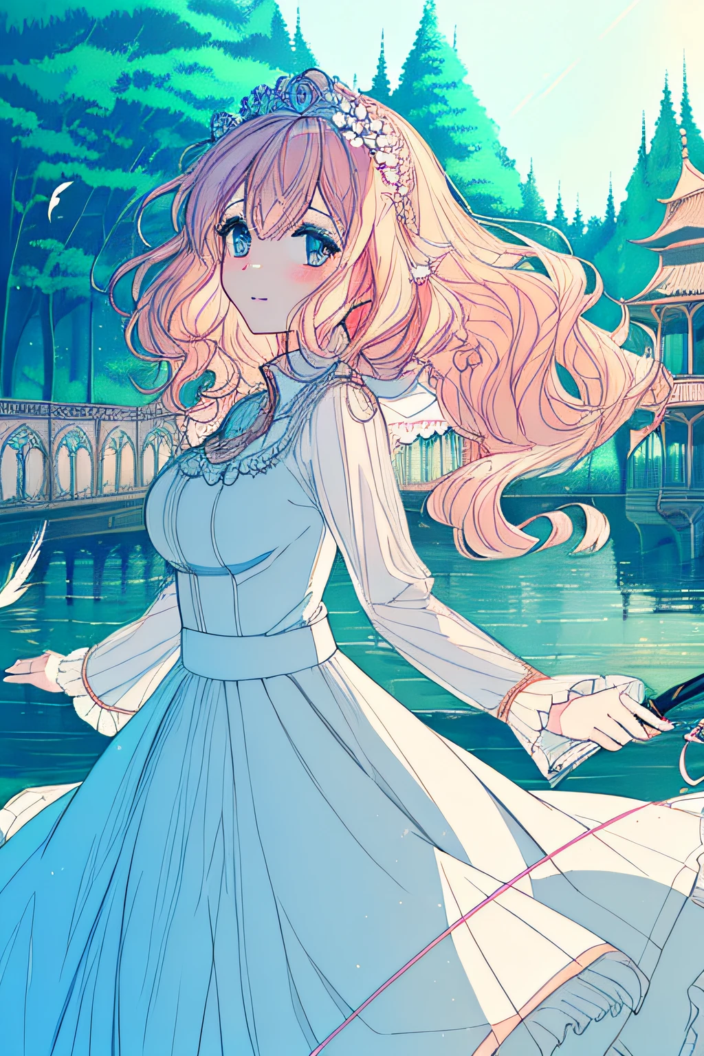(extremely detailed CG unity 8k wallpaper),(((masterpiece))), (((best quality))), ((ultra-detailed)), (best illustration),(best shadow), ((an extremely delicate and beautiful)),dynamic angle,floating, solo,((1girl)),{long wavy curly hair},expressionless,((white idol dress)), anglesailor dress,(detailed wet clothes),silk shawl,bikini,underboob, frills,cute anime face,blush,(beautiful detailed eyes), (detailed light),feather, nature, (sunlight), river, (forest),(((floating palace))),beautiful and delicate water,(painting),(sketch),(bloom),(shine),