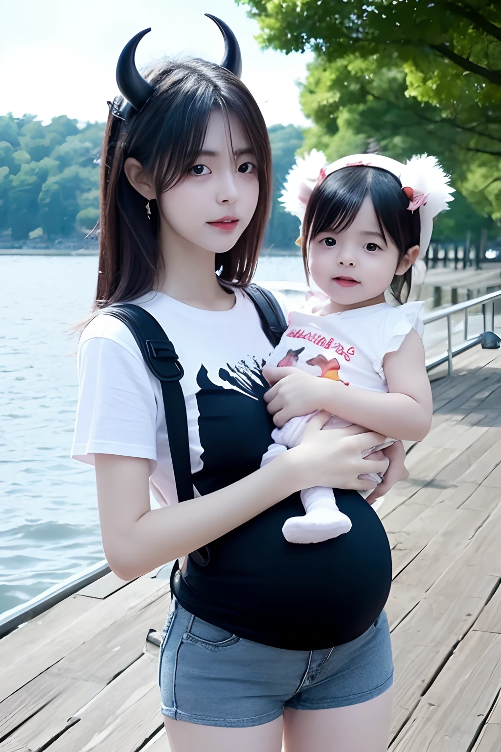 1 girl, lewd, white t shirt, demon horns, wings, black wings, standing on the lake, pregnant, holding a , holding a babidget