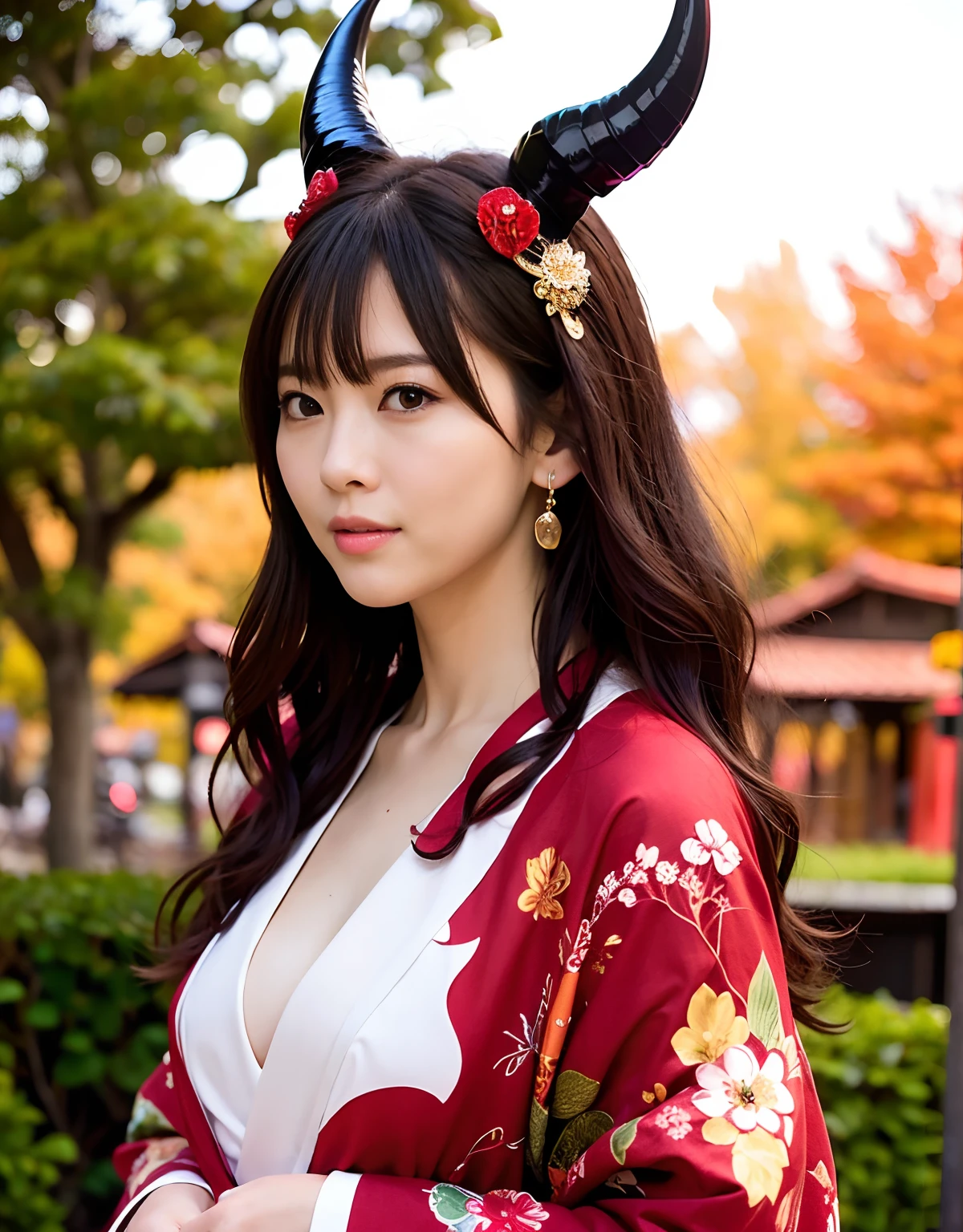 ((World of Darkness)),Professional , ​masterpiece、top-quality、photos realistic , depth of fields 、（sexypose）、(Red maple on full bloom background),（Ultimate Beauty）、A dark-haired、（shrine background)、（Kimono with beautiful pattern）、（Night background）、Beautiful hair ornament on the head、（（Precipitous cliffs））,(Wear a beautiful kimono),（Wear a beautiful kimono with colorful floral patterns）、Jewel Gold Weapon、Particles of light),(Wearing a wizard's hat）、Gorgeous gold weapons ,Castle background、（（ Gorgeous Dragon Sword）） , （a dark night）,,（maikurobikini） 、（（Black Haired Beautiful Girl））、（Castle background）、（demonic wings）、（（Gangle's forest background））、Beautiful Caucasian beauty、１a person、dynamic ungle,(((Two devil's horns on the head)))、Smaller head、Idle Smile、Thin and beautiful female hands、Mystical expression、Light Effects、intense fighting、Wind-effect、magic circles、With the legendary magic wand、Dragon's tail、