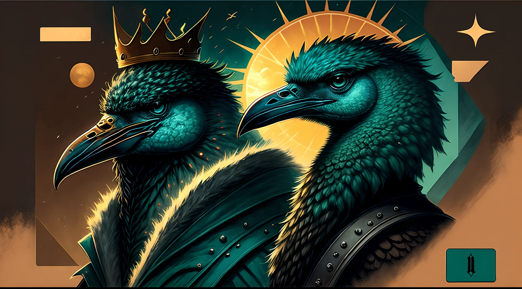 (tmasterpiece,4K,ultra - detailed,RAW photogr:1.2),illustratio, (Evil ostrich king with a crown:1.5),(half-body portrait:1), (simplebackground,Fluorescent teal and black background:1.4), (symetry:1.2), (art-deco:1.4), (retro-futuristic:1.4), (Maximalism:1.4), (cleanness:1.4), (flat_Color:1.4), (Sun beam:1),poker card style,style de carte de tarot, CCDDA art style
