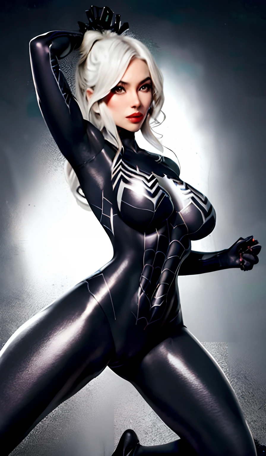 4K,realisticlying,Glamorous,The is very detailed,There is a girl in Dingcheng,Wearing a black Spider-Man costume,(Black and white:1.4) the night,symbiote,venomize,a large amount of mucus,she is a spiderman,Black superhero theme,In front of the sky,Flushed complexion,( Open legs, camel-toe,Vulvar shape:1.3)(GGCameltoe:1.3)Legs apart,long white hair,25 age old,full bodyesbian