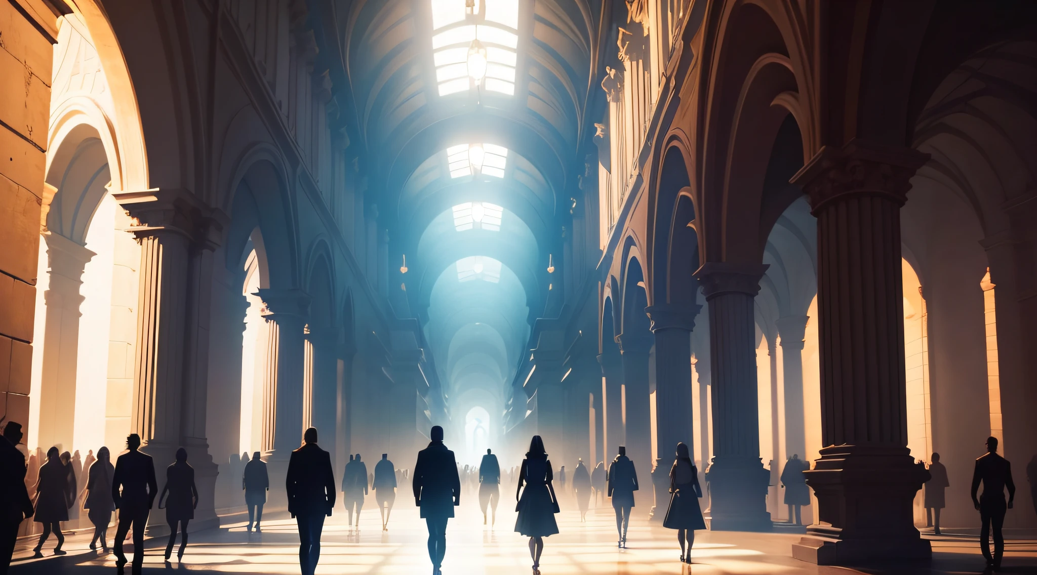 a lot of people walking in silhouette,beautiful detailed bodies,medium:digital painting,oil painting style,soft lighting,vibrant colors