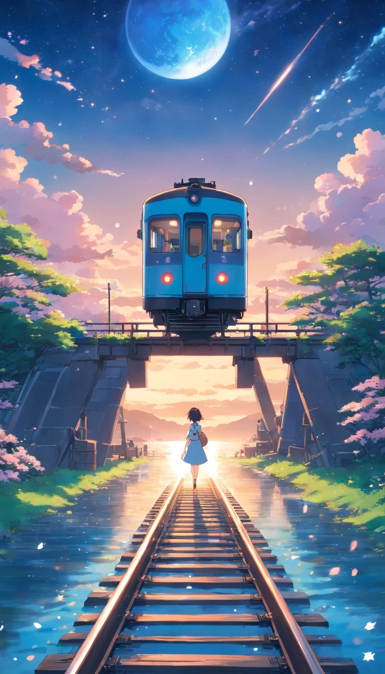 High quality masterpiece ，scenecy，Anime train passing through bodies of water on tracks， Glittering starry sky。Romantic train，Pisif，concept-art，Lofi art style，Reflectors。 By Makoto Shinkai, Lofi art, beautiful anime scenes, Anime landscapes, Detailed scenery —width 672, in the style of makoto shinkai, Makoto Shinkai's style，Detail enhancement，sakura flowers falling，Powder blue tones