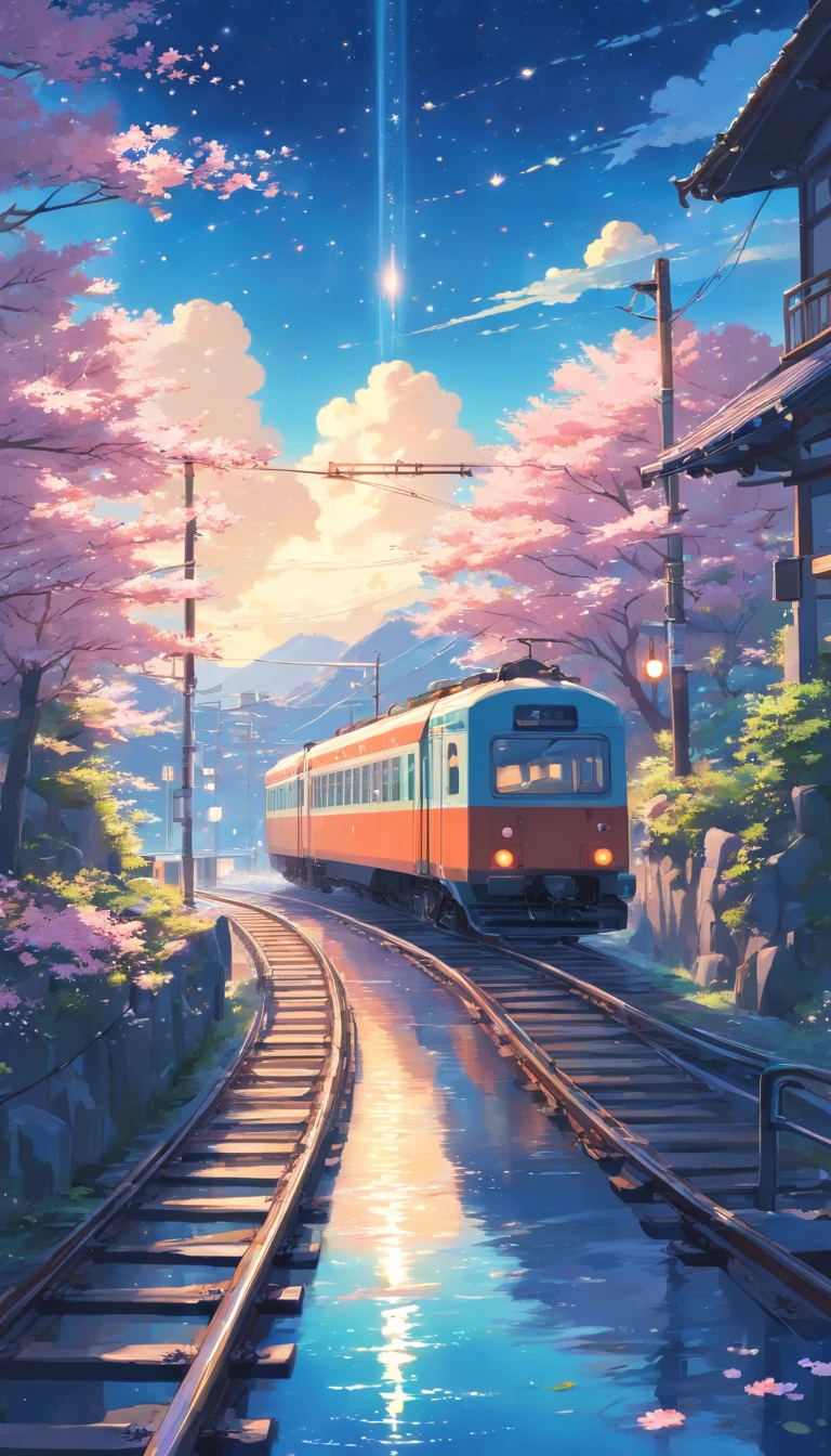 High quality masterpiece ,scenecy,Anime train passing through bodies of water on tracks, Glittering starry sky。Romantic train,Pisif,concept-art,Lofi art style,Reflectors。 By Makoto Shinkai, Lofi art, beautiful anime scenes, Anime landscapes, Detailed scenery —width 672, in the style of makoto shinkai, Makoto Shinkai's style,Detail enhancement,sakura flowers falling,Powder blue tones