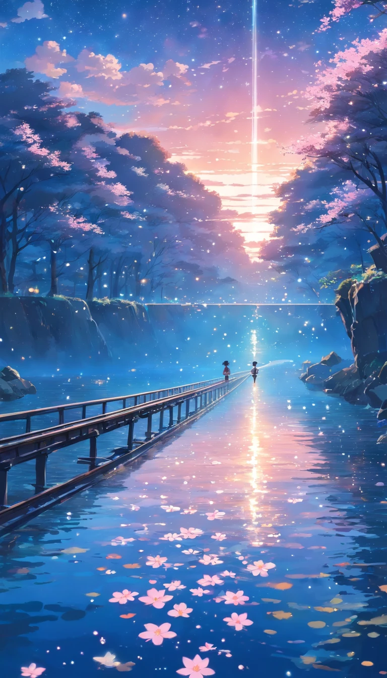 High quality masterpiece ，scenecy，Anime train passing through bodies of water on tracks， Glittering starry sky。Romantic train，Pisif，concept-art，Lofi art style，Reflectors。 By Makoto Shinkai, Lofi art, beautiful anime scenes, Anime landscapes, Detailed scenery —width 672, in the style of makoto shinkai, Makoto Shinkai's style，Detail enhancement，sakura flowers falling，Powder blue tones