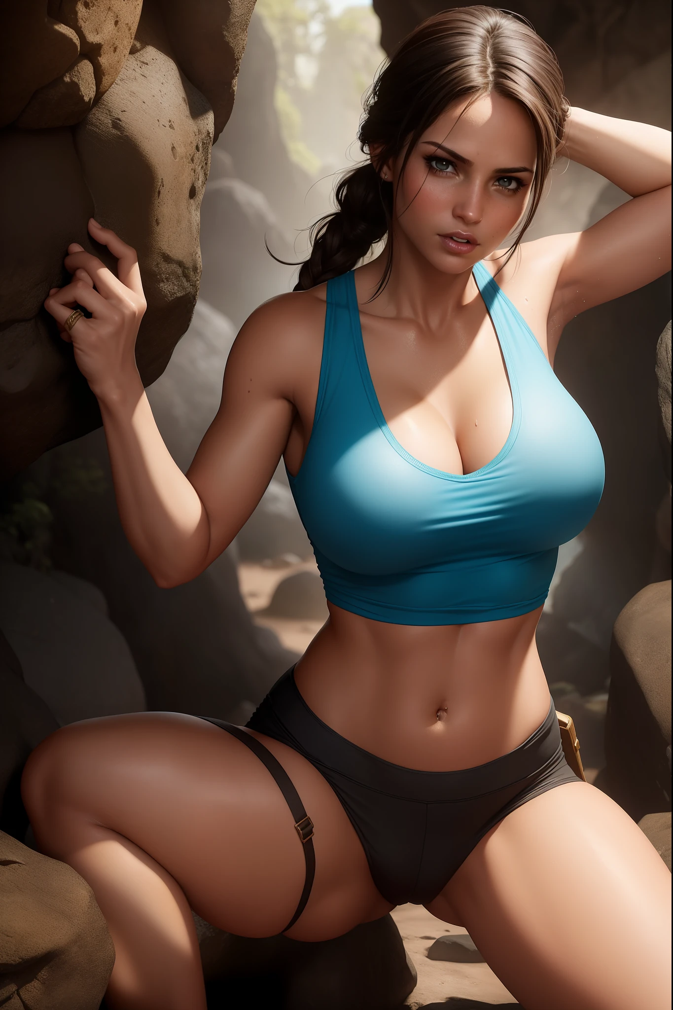 sexy Lara Croft Tomb Raider, crawling through a rocky cave, blue tank top, rocky cave, golden hour, athletic and fit body, sweaty, slightly dirty, cleavage, naughty, slutty, perfect hands, detailed hands, perfect eyes, detailed eyes, flirty, sexy, naughty, large perky boobs, realistic, HDR, UHD, dynamic