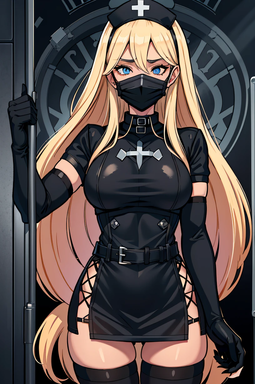black nurse, 1woman, black nurse cap, black wear, ((black legwear, zettai ryouiki)), black elbow gloves, blonde hair, blue eyes, ((black surgical mask, covered nose)), standing, ((surgery room)), sharp outline, short sleeves, mature female, 35 years old, best quality, masterpiece