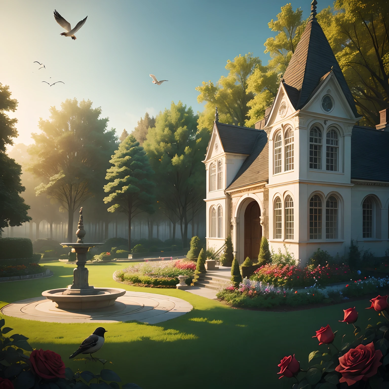 Architecture in the middle of the forest with garden of roses and birds
