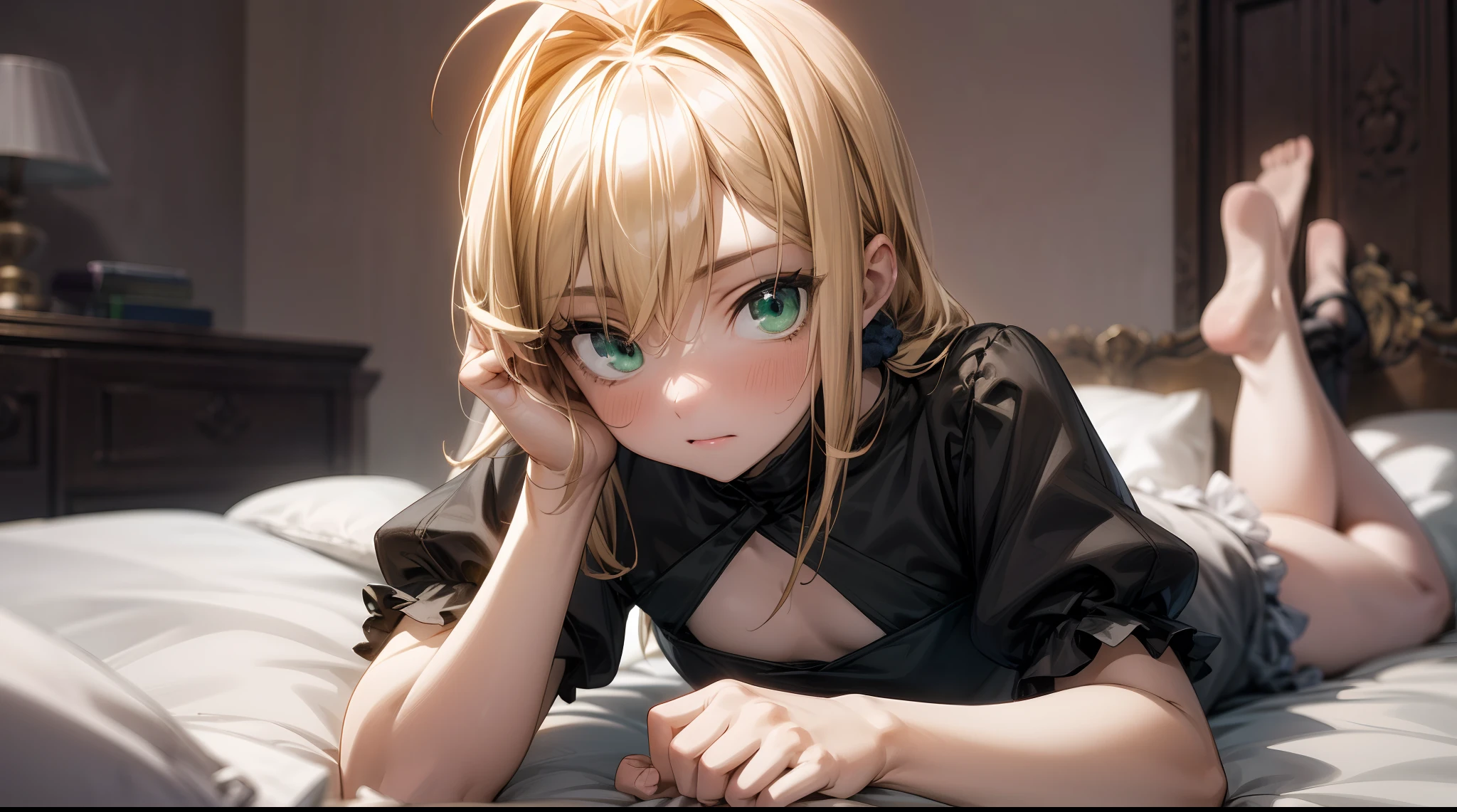1girll,1 face,Lie in bed,独奏,Poor milk,Transverse conveying,whole body picture,largeeyes,eye closeup,(with short golden hair),(Green eyes),hair scrunchie,small thighs,best qualtiy, ( black color dress),inside in room,stocklings,Elaborate Eyes,on top of the bed,On your stomach,adolable,head looking up,Reasonable body structure,Young,Extremely detailed face, Perfect lighting, Extremely detailed CG, (Perfect hands, Perfect anatomy),Reasonable body structure