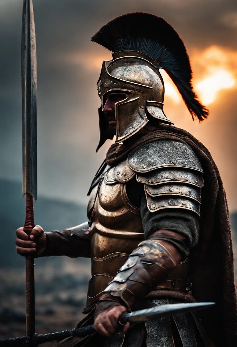 spartan warrior, dying , bloody armor, on battlefield, standing with a spear, epic, 8k