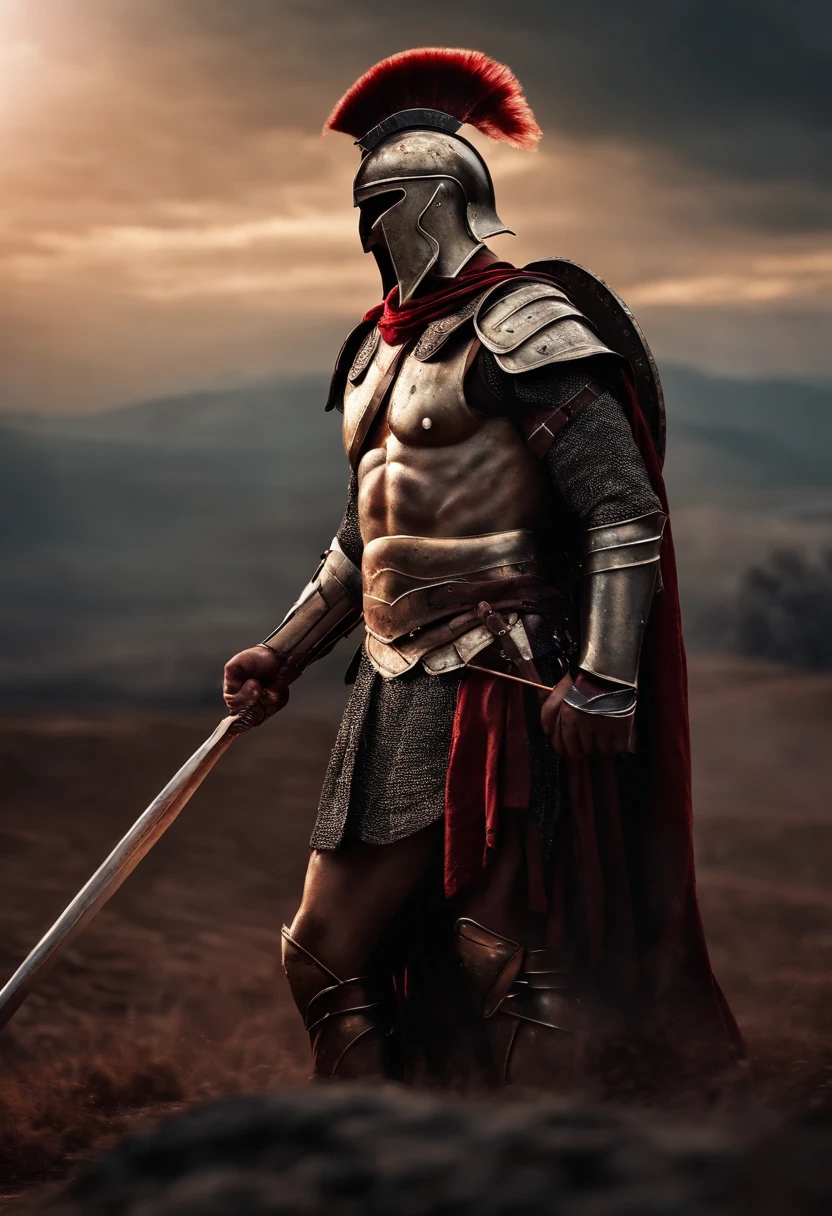 spartan warrior, dying , bloody armor, on battlefield, standing with a spear, epic, 8k