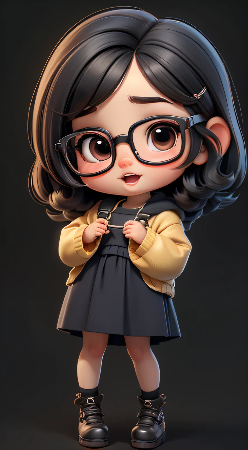 Cute little girl s、estilo chibi、Big glasses、Semi-long with black hair、view full body、Open mouth、Hands folded in front of the knees、Facing the front and in focus is the camera lens、1-head body、Solid pattern on the same background