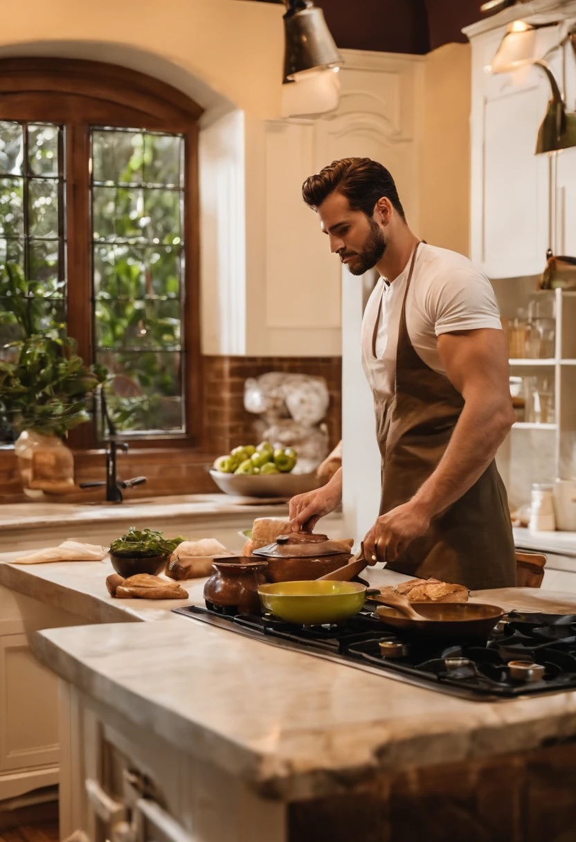 Homem branco e loiro sem camisa. The setting is in a kitchen at night.