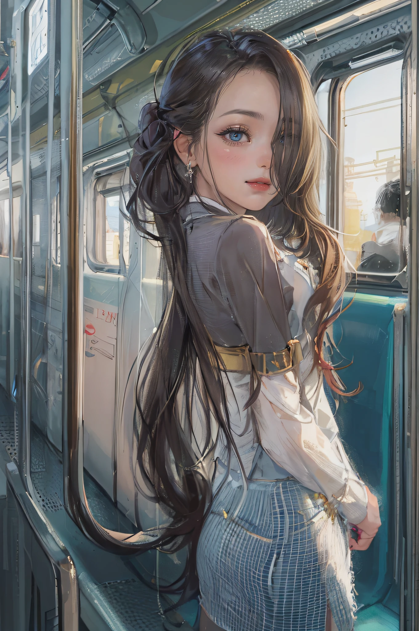 ((A sexy and beautiful woman is staring at me on the commuter train)), ((cutest 22-year-old beauty)), ((charming smile)), ((very long hair) ) , ((Mini Skirt)), ((Rich Bust)), Gradient Eyes, Seductive Makeup, Single View, NFFSW, UHD, Retina, Masterpiece, Accurate, Anatomical, Scientifically Correct, Textured Skin, Super Detail, high detail, high quality, award winning, highest quality, high resolution, 1080P, HD, 4K, 8k, 16k