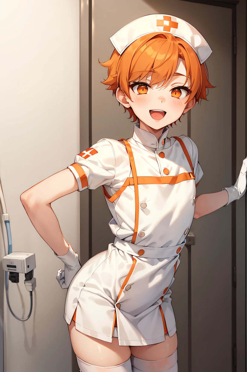 1boy, male focus, nurse, nurse cap, white wear, ((white legwear, zettai ryouiki)), white gloves, short hair, orange hair, smile, open mouth, standing, ((hospital room)), sharp outline, short sleeves, shota, , best quality, masterpiece