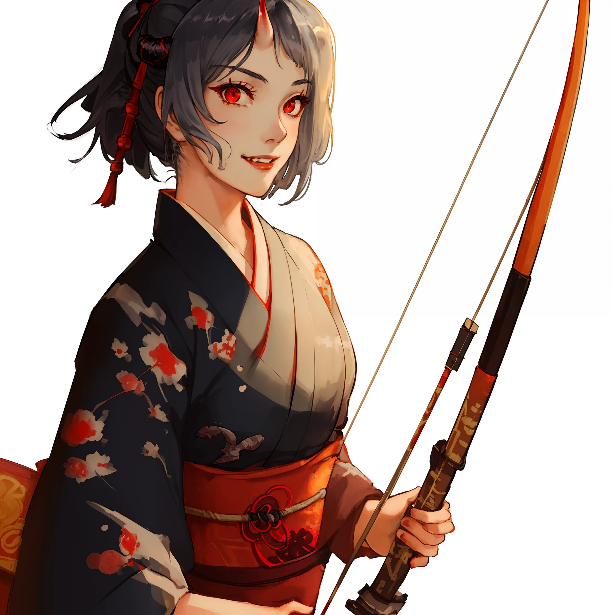 (masterpiece, best quality:1.2), (1girl, solo), ars old, upper body, sleeveless kimono, (gray hair, ponytail), (black demon horns, red eyes), smile, normal ears, archery