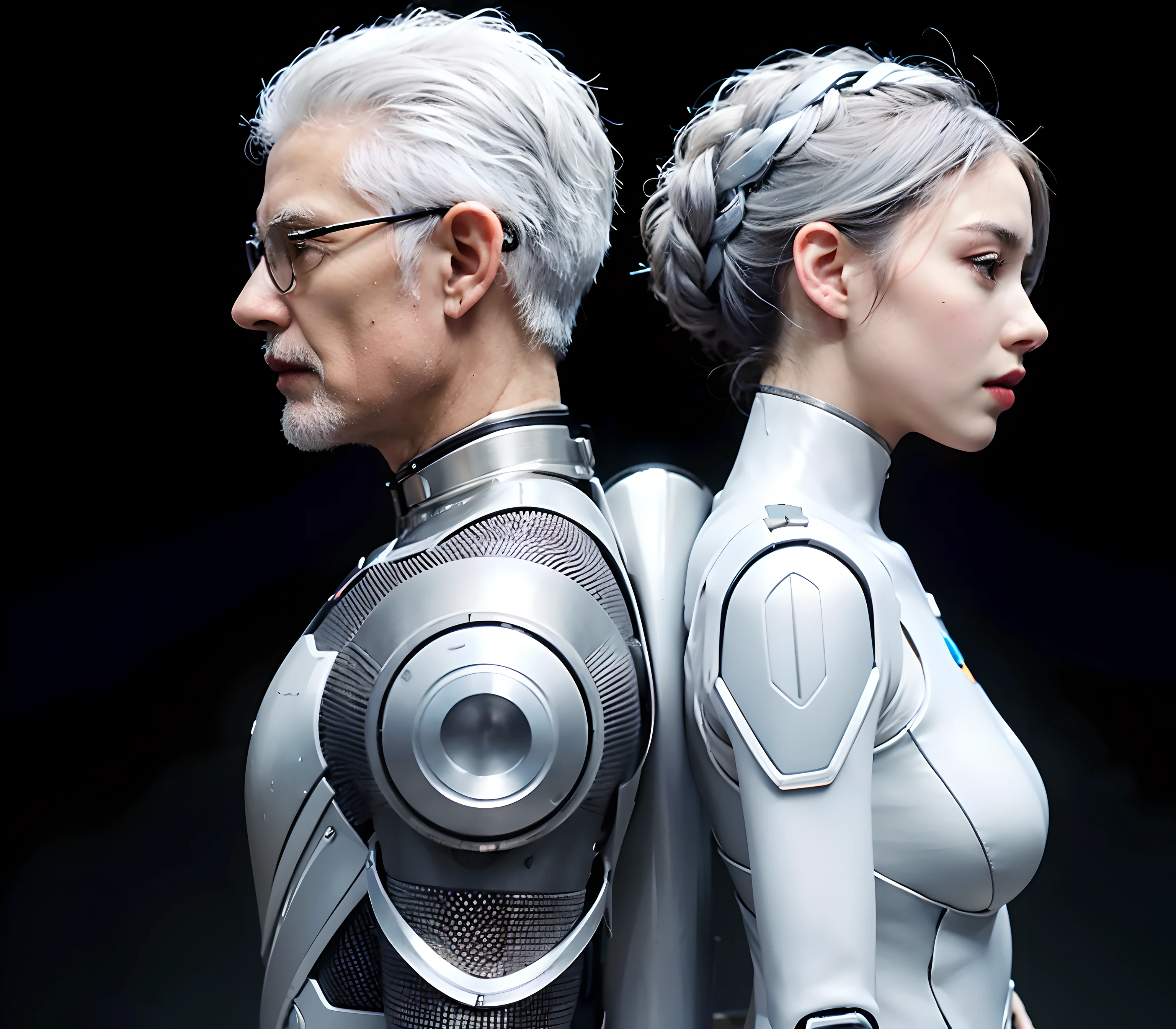 An old man with gray hair and a young woman stand back to back, with futuristic wearable gadgets, Futuristic clothes, Cybernetic clothing, photo realism, 4k, intricate design, hyper realistic, high definition, Extremely detailed, Dark softbox image, ray traced, Cinematic, HDR, Photorealistic