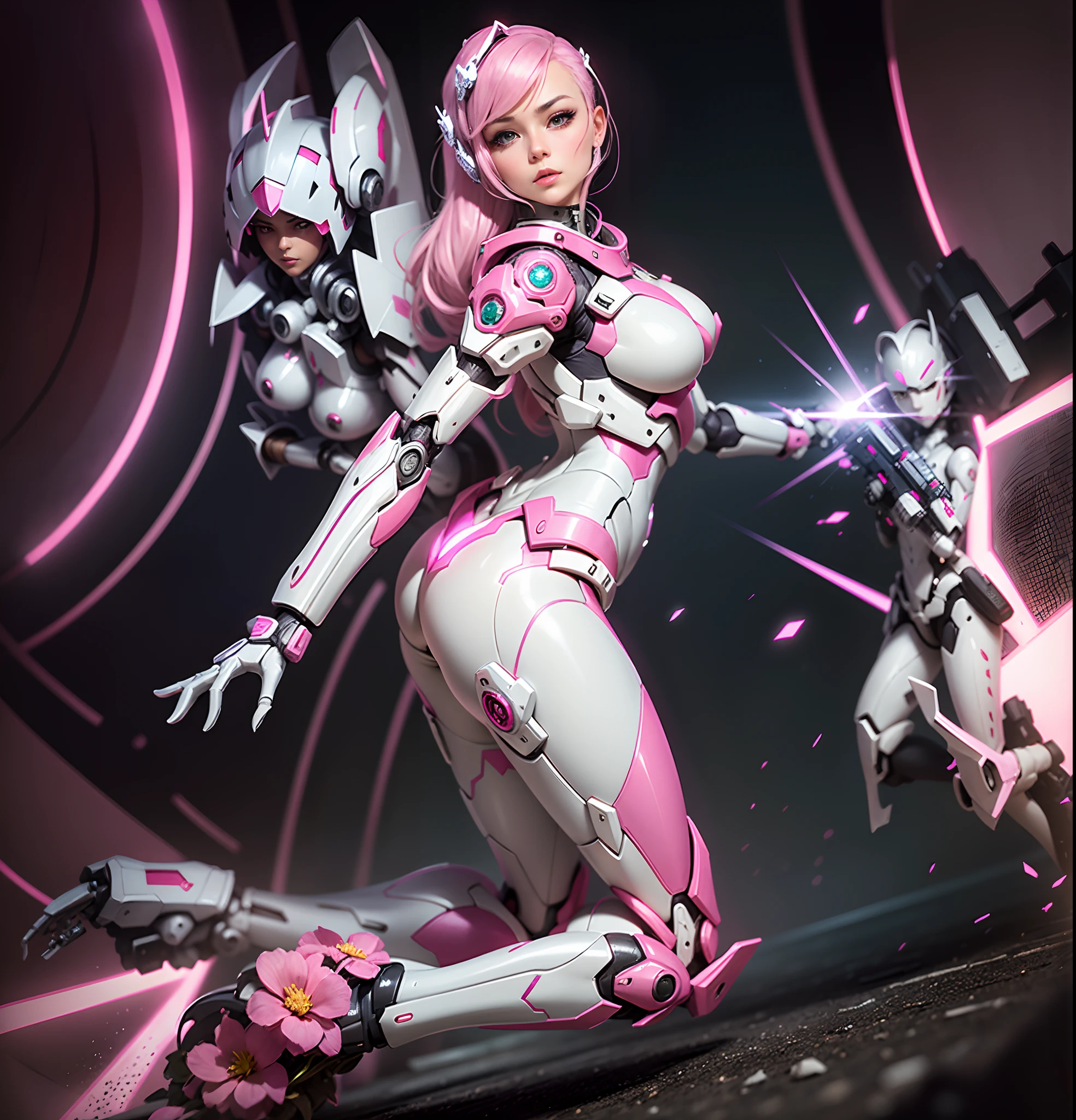 Close up portrait of woman in pink and white suit holding gun, ferra white mecha, streamlined pink armor, sharp silver armor fuchsia skin, action figure mecha, biomechanical oppai, slick pink armor, echo from overwatch, anime action figure, Girl in Mecha Cyber Armor, pop-up parade figures, sigma female