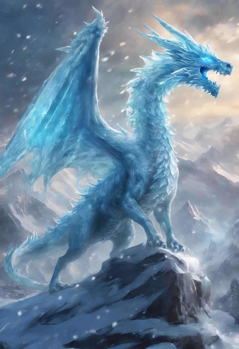 Calidad superior, obra maestra, Ultra detallado, foto RAW, (fotorrealista:1.4), In the realm of fantasy, a magnificent white dragon crossed the skies. Sus enormes alas, like shining sheets of frost, carried him effortlessly through the air. Sus escamas eran de un blanco brillante y puro., brillando con un resplandor de otro mundo que reflejaba la luz como mil diamantes.the eyes of the dragon, as cold and blue as glacial ice, He had ancient wisdom and a touch of benevolence.. Su largo, cuerpo sinuoso curvado con gracia mientras se deslizaba, y su cola, adorned with sharp icicle-shaped spikes, behind like a frozen comet.Con cada batido de sus alas, The dragon exhaled an icy breath that crystallized into intricate frost patterns in the air... Era una criatura de poder y gracia., a guardian of the frozen kingdoms, and his presence in the heavens filled the hearts of all who saw him with awe and wonder.. Estilo europeo, Pale lighting, noche, Profundidad de campos
