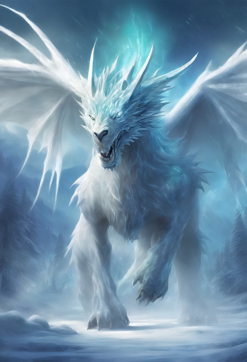 An ice dragon ghost is a mythical creature with a translucent ice body and sharp horns.. It has membranous wings of magical ice that allow it to fly with agility. His breath is icy and freezes everything he touches. Se mueve graciosamente por el aire, dejando una estela de cristales de hielo. Es esquivo y rara vez se ve, often associated with mysterious phenomena such as Northern Lights and snowstorms. It is a majestic and powerful creature that evokes the cold and beauty of icy nature..