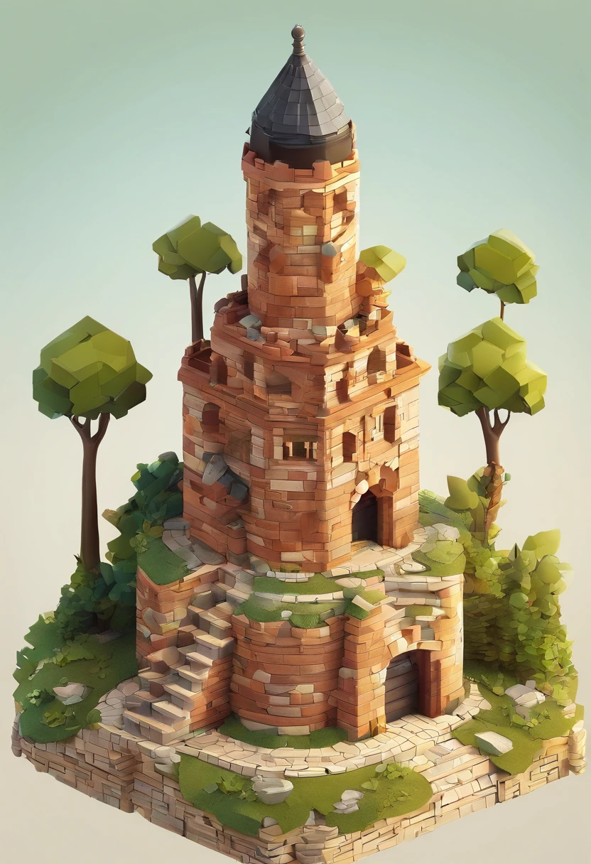 absurdres, best quality, fantasy, isometric, knolling style of (miniature brick round tower:1.2), tree, stone wall, (simple background:1.2)