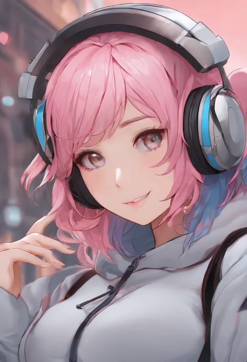 8k, ultrasharp, high res, masterpiece, 1girl, seductive smile, naughty face, blushing face, multicolored hair (pink hair, and sky blue hair), galaxy eye, expressive eyes, detailed eye, wearing headphones, wearing a hoodie, accurate anatomy of all body parts (detailed face, detailed body, detailed hands, detail legs, ... ), detailed line art, groin expands, freestyle,