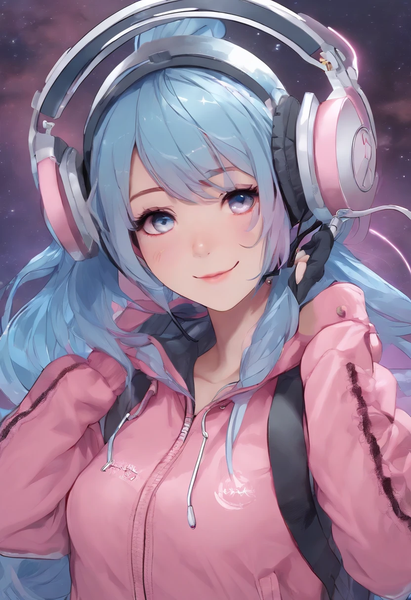 8k, ultrasharp, high res, masterpiece, 1girl, seductive smile, naughty face, blushing face, multicolored hair (pink hair, and sky blue hair), galaxy eye, expressive eyes, detailed eye, wearing headphones, wearing a hoodie,  accurate anatomy of all body parts (detailed face, detailed body, detailed hands, detail legs, ... ), detailed line art, groin expands, freestyle,