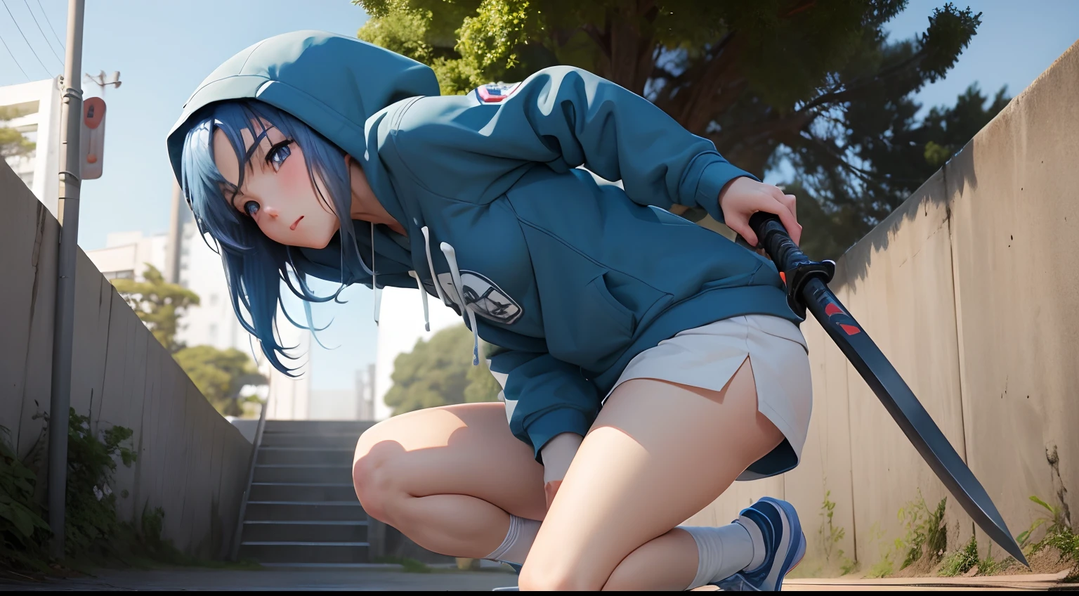 misaka mikoto, hoodie, blue eyes, blue hair, katana, ninja, shoes