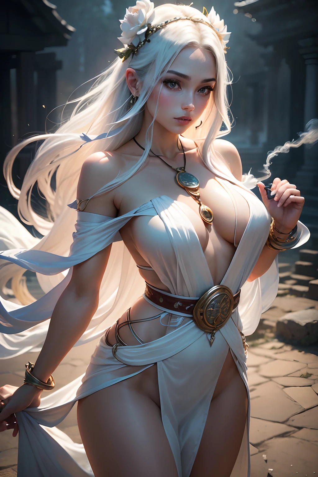 (best quality,4k,8k,highres,masterpiece:1.2),ultra-detailed,(realistic,photorealistic,photo-realistic:1.37),mediumpainting,,nationalgeographicsuave colors,soft lighting,dark background,athletic appearance,long flowing hair,powerful eyes,confident pose,flawless skin,traditional symbols,ancient temple,serene atmosphere,sunrise backdrop,smoke and mist,subtle makeup,mysterious aura,spellbinding gaze,enchanted amulet,amazing physique,feminine allure,pure white lotus blossoms,silk sash,ancient script,harmonious composition,dynamic brushstrokes,vibrant energy,ethereal beauty